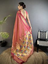 Dista Elora Peach Lichi Silk Peacock Ethnic Motifs Zari Woven Paithani Saree, view 3