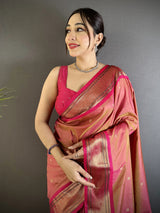 Dista Elora Peach Lichi Silk Peacock Ethnic Motifs Zari Woven Paithani Saree, view 4