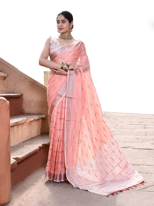 Dista Elora Peach Linen Butti Weave Ikkat Festive & Traditional Designer Saree