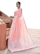 Dista Elora Peach Linen Butti Weave Ikkat Festive & Traditional Designer Saree, view 2