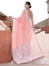 Dista Elora Peach Linen Butti Weave Ikkat Festive & Traditional Designer Saree, view 3