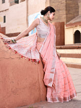 Dista Elora Peach Linen Butti Weave Ikkat Festive & Traditional Designer Saree, view 4