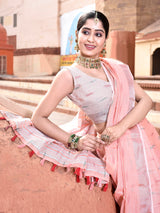 Dista Elora Peach Linen Butti Weave Ikkat Festive & Traditional Designer Saree, view 5