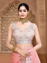 Dista Elora Peach Linen Butti Weave Ikkat Festive & Traditional Designer Saree, view 6
