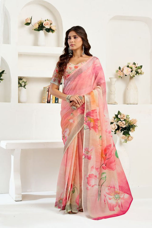 Dista Elora Peach Linen Floral Printed Ready To Wear Saree