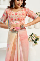 Dista Elora Peach Linen Floral Printed Ready To Wear Saree, view 2