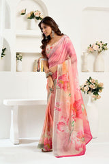 Dista Elora Peach Linen Floral Printed Ready To Wear Saree, view 3