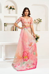 Dista Elora Peach Linen Floral Printed Ready To Wear Saree, view 5