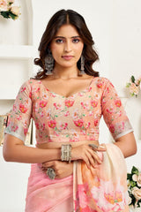 Dista Elora Peach Linen Floral Printed Ready To Wear Saree, view 6