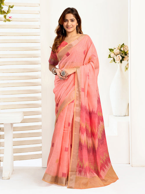 Dista Elora Peach Linen Ikat Printed Ready To Wear Saree With Pocket