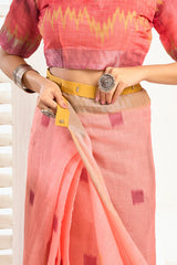 Dista Elora Peach Linen Ikat Printed Ready To Wear Saree With Pocket, view 4