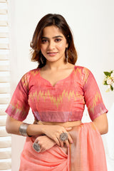 Dista Elora Peach Linen Ikat Printed Ready To Wear Saree With Pocket, view 5