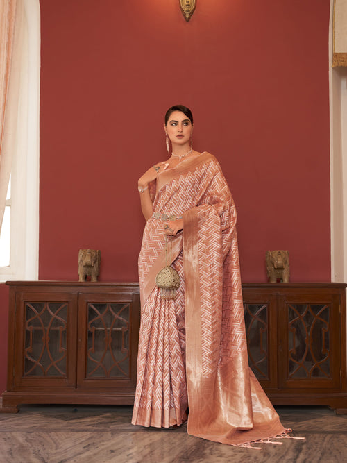 Dista Elora Peach Linen Ikat Zari Designer Saree for Women