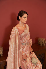 Dista Elora Peach Linen Ikat Zari Designer Saree for Women, view 2
