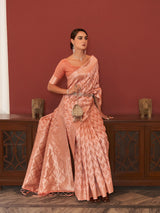 Dista Elora Peach Linen Ikat Zari Designer Saree for Women, view 4