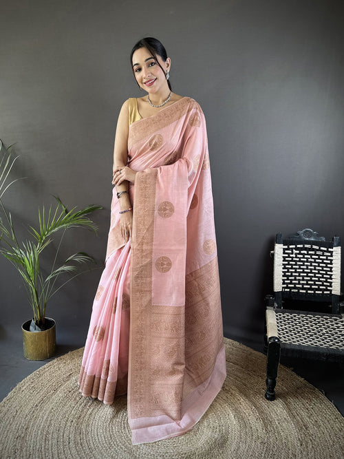Dista Elora Peach Linen Silk Floral & Paisley Jacquard Zari Woven Banarasi Saree