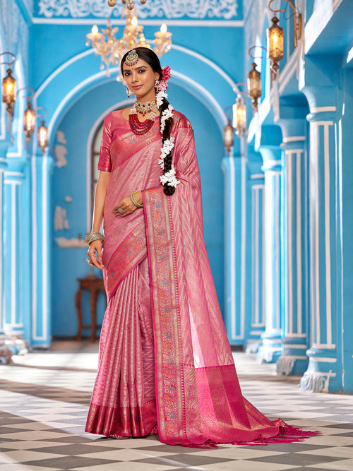 Dista Elora Peach Munga Zari Silk Kanjivaram With Zig Zag Pattern Saree