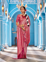 Dista Elora Peach Munga Zari Silk Kanjivaram With Zig Zag Pattern Saree, view 3