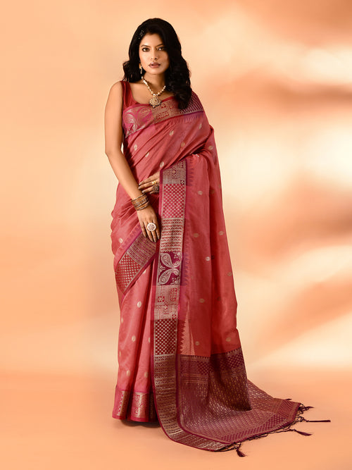 Dista Elora Peach Pure Cotton Silk Banarasi Weaving Saree