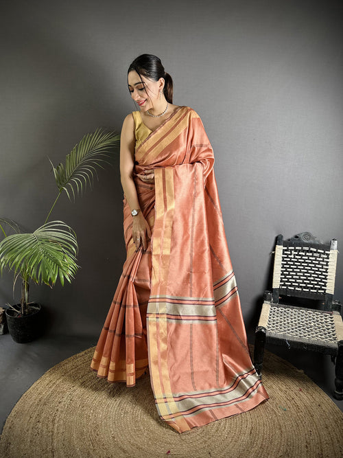 Dista Elora Peach Raw Silk Zari Woven Kanjivaram Saree