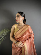 Dista Elora Peach Raw Silk Zari Woven Kanjivaram Saree, view 4
