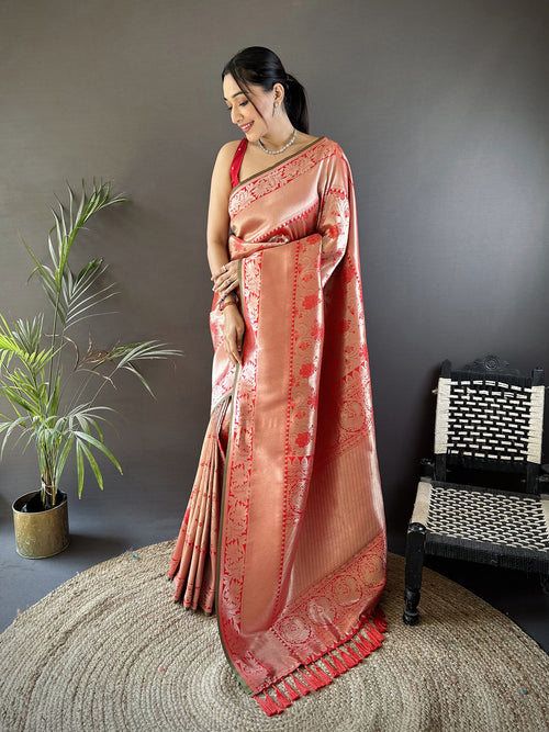 Dista Elora Peach Soft Banarasi Silk Flower Jaal Zari Weaving Designer Saree