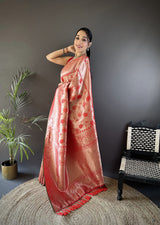 Dista Elora Peach Soft Banarasi Silk Flower Jaal Zari Weaving Designer Saree, view 2