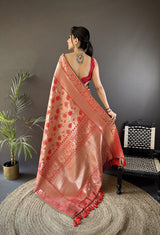 Dista Elora Peach Soft Banarasi Silk Flower Jaal Zari Weaving Designer Saree, view 3