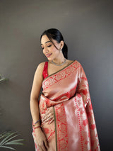 Dista Elora Peach Soft Banarasi Silk Flower Jaal Zari Weaving Designer Saree, view 4