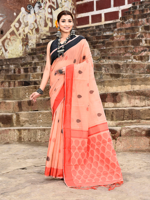 Dista Elora Peach Soft Cotton Butti Weaving Handloom Casual Saree