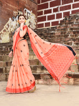 Dista Elora Peach Soft Cotton Butti Weaving Handloom Casual Saree, view 3