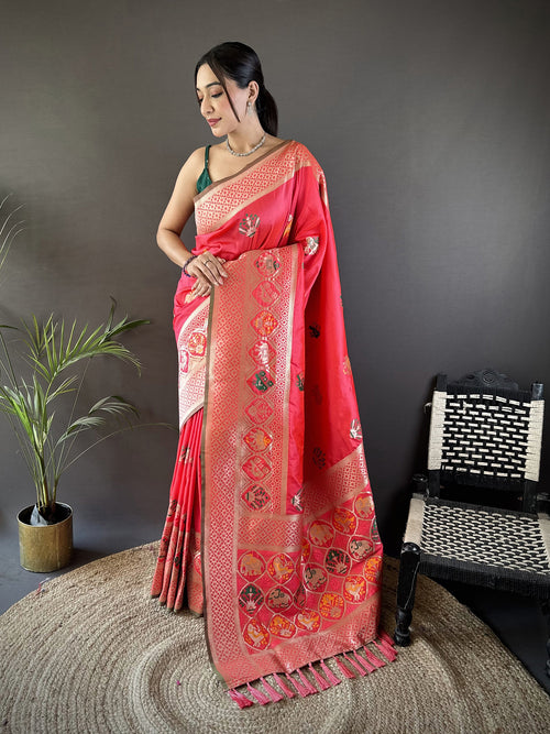 Dista Elora Peach Soft Lichi Silk Elephant & Floral Motifs Minakari Work Banarasi Saree