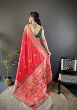 Dista Elora Peach Soft Lichi Silk Elephant & Floral Motifs Minakari Work Banarasi Saree, view 2