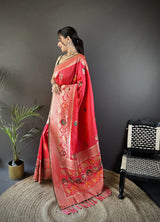 Dista Elora Peach Soft Lichi Silk Elephant & Floral Motifs Minakari Work Banarasi Saree, view 3