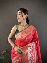 Dista Elora Peach Soft Lichi Silk Elephant & Floral Motifs Minakari Work Banarasi Saree, view 4