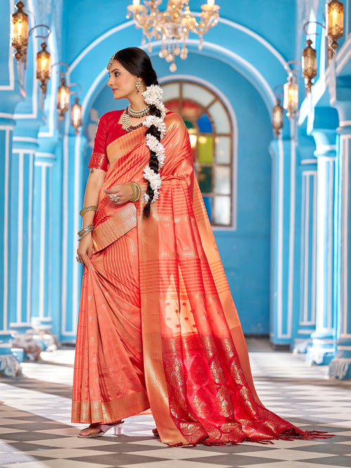 Dista Elora Peach Soft Silk Butti Banarasi Silk Zari Jacquard Work Designer Saree