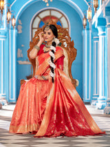 Dista Elora Peach Soft Silk Butti Banarasi Silk Zari Jacquard Work Designer Saree, view 2
