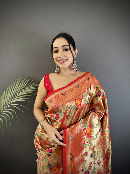 Dista Elora Peach Soft Silk Floral & Leaf Motifs Pattern Paithani Saree