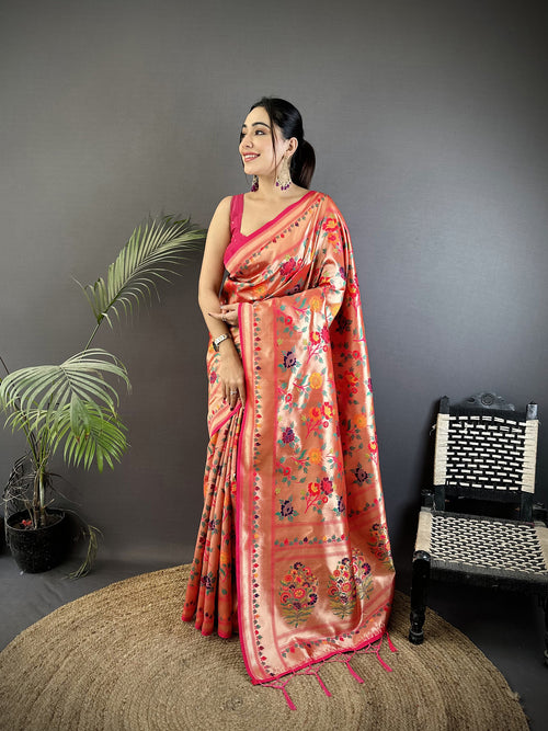 Dista Elora Peach Soft Silk Intricate Floral & Foliate Motifs Pattern Paithani Saree