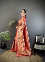 Dista Elora Peach Soft Silk Intricate Floral & Foliate Motifs Pattern Paithani Saree, view 2