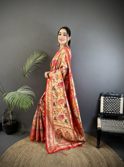 Dista Elora Peach Soft Silk Intricate Floral & Foliate Motifs Pattern Paithani Saree