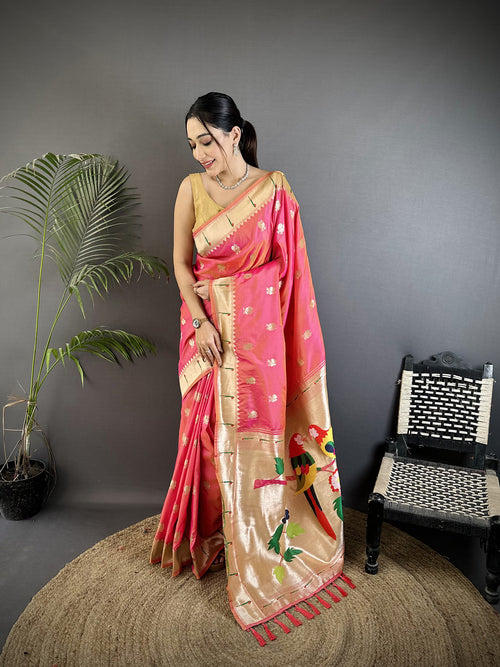 Dista Elora Peach Soft Silk Peacock & Floral Zari Motifs Kanchipuram Saree