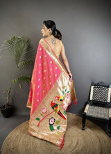 Dista Elora Peach Soft Silk Peacock & Floral Zari Motifs Kanchipuram Saree, view 2