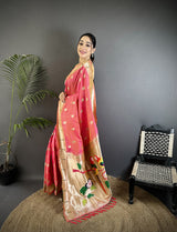 Dista Elora Peach Soft Silk Peacock & Floral Zari Motifs Kanchipuram Saree, view 3