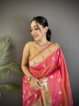 Dista Elora Peach Soft Silk Peacock & Floral Zari Motifs Kanchipuram Saree, view 4