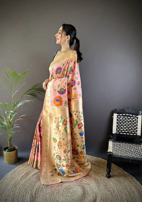 Dista Elora Peach Soft Silk Zari Woven Floral Motifs Paithani Saree