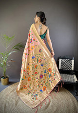 Dista Elora Peach Soft Silk Zari Woven Floral Motifs Paithani Saree, view 2