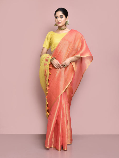 Dista Elora Peach Tissue Linen Plain Chanderi Festive and Formal Saree