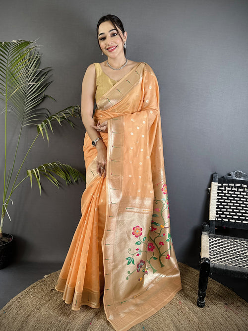 Dista Elora Peach Tissue Parrot & Floral Woven Design Paithani Saree