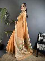 Dista Elora Peach Tissue Parrot & Floral Woven Design Paithani Saree, view 2
